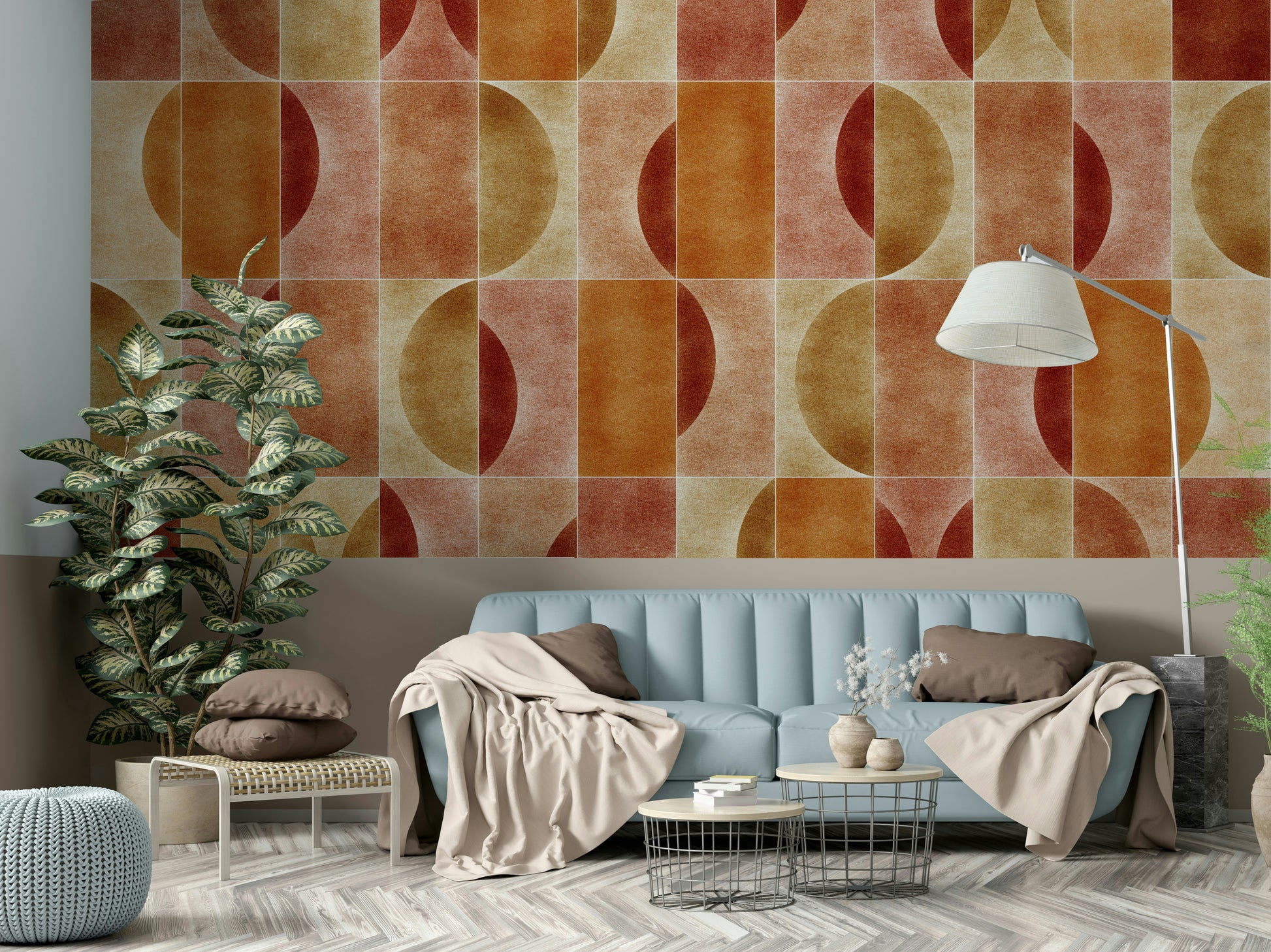 A modern wall mural with a geometric pattern.


