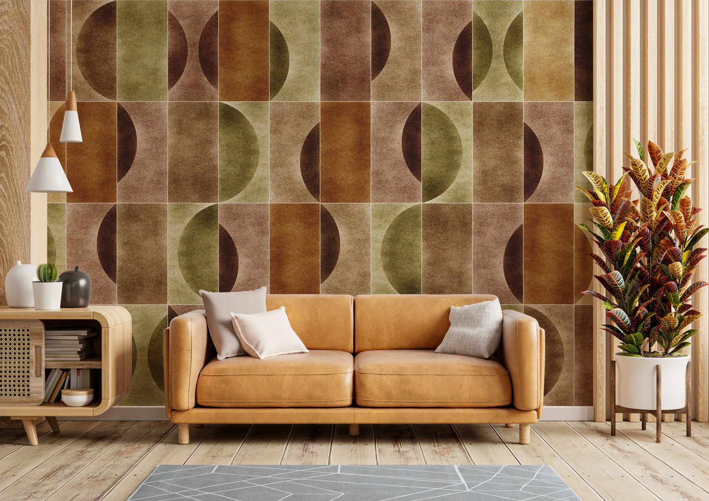 A modern wall mural with a geometric pattern.

