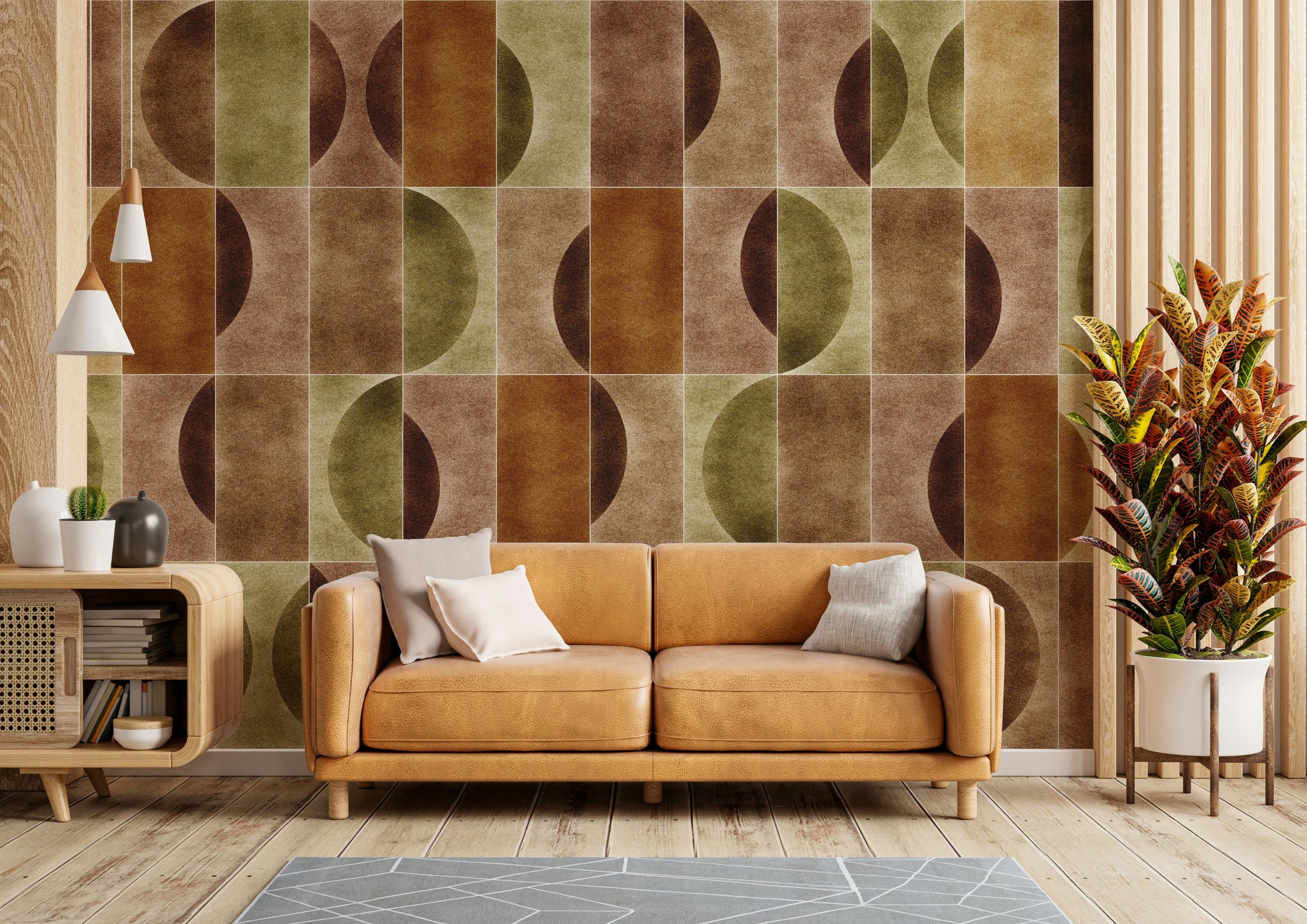 A modern wall mural with a geometric pattern.

