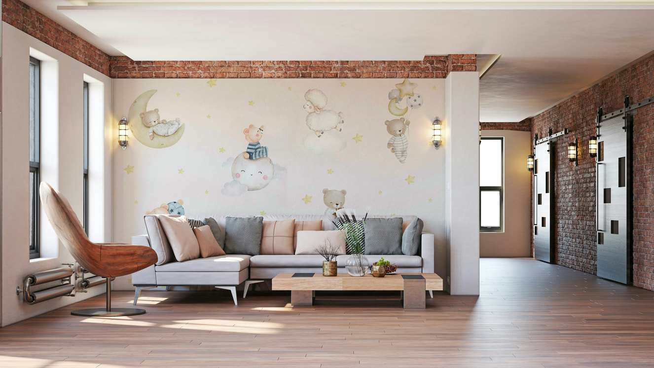 A peaceful nursery wall mural with a soft rainbow.

