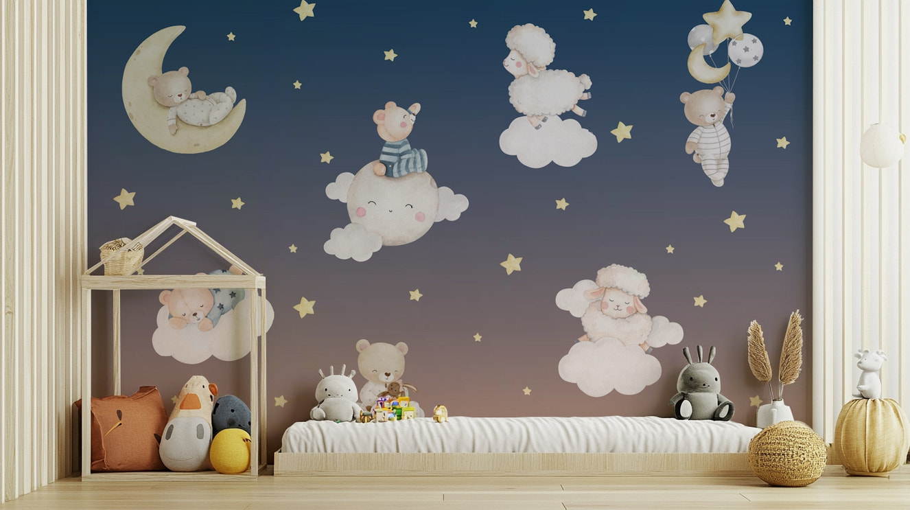 A peaceful night scene with sleeping bears and sheep.


