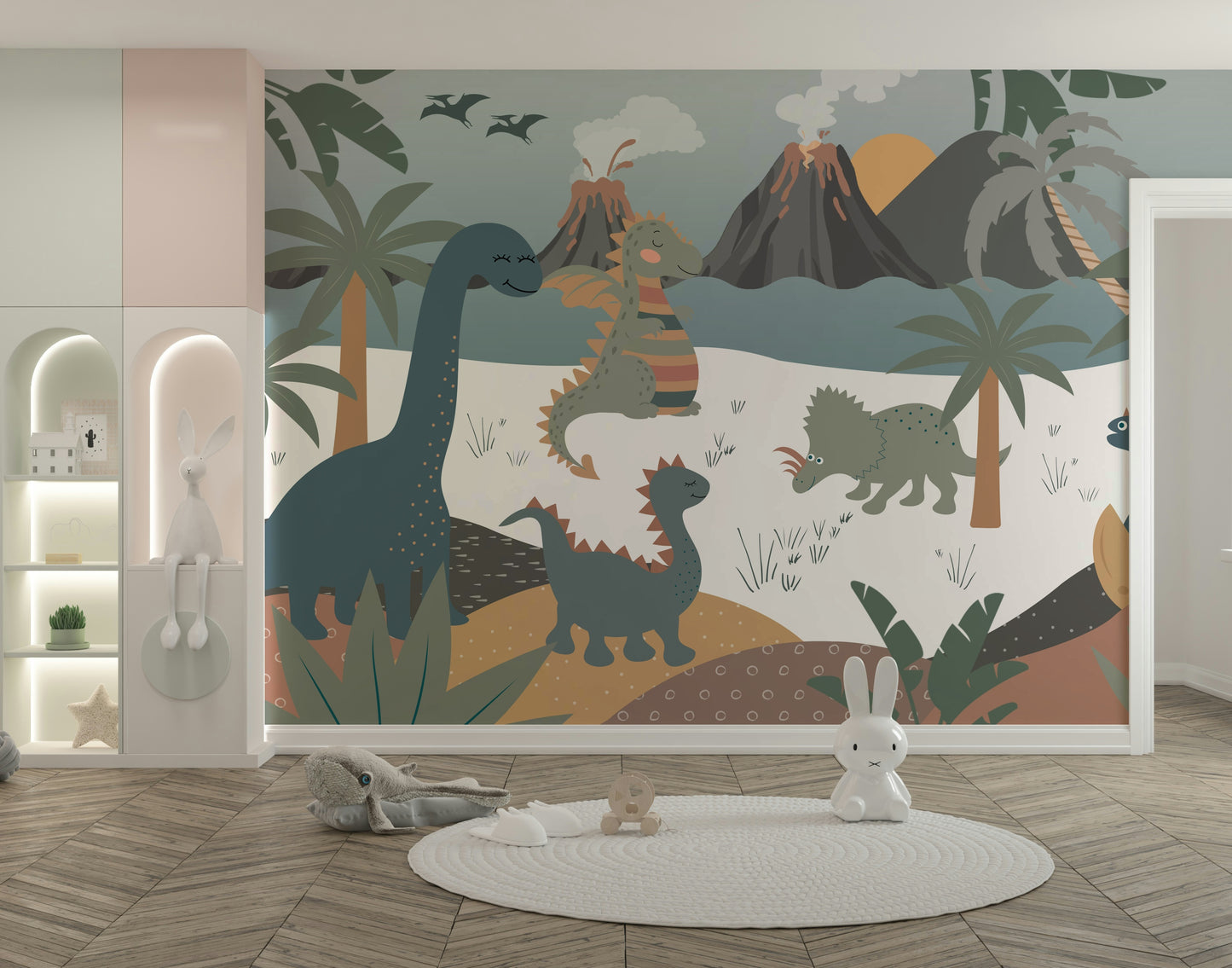 The background is a lush, tropical forest with large ferns and palm trees.

