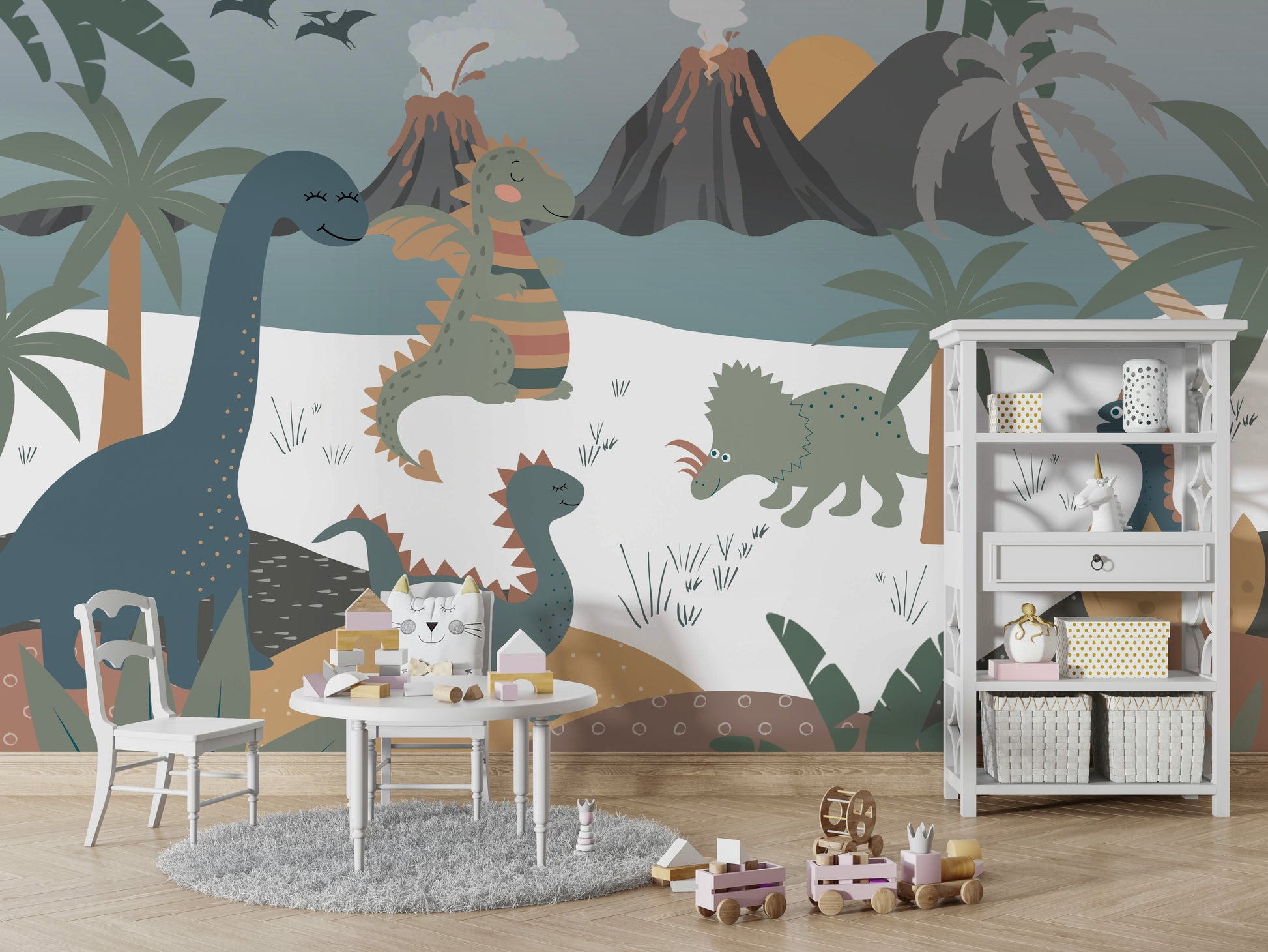 A smaller Stegosaurus is walking in the foreground.

