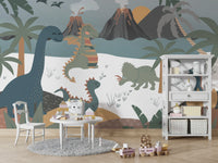 A smaller Stegosaurus is walking in the foreground.

