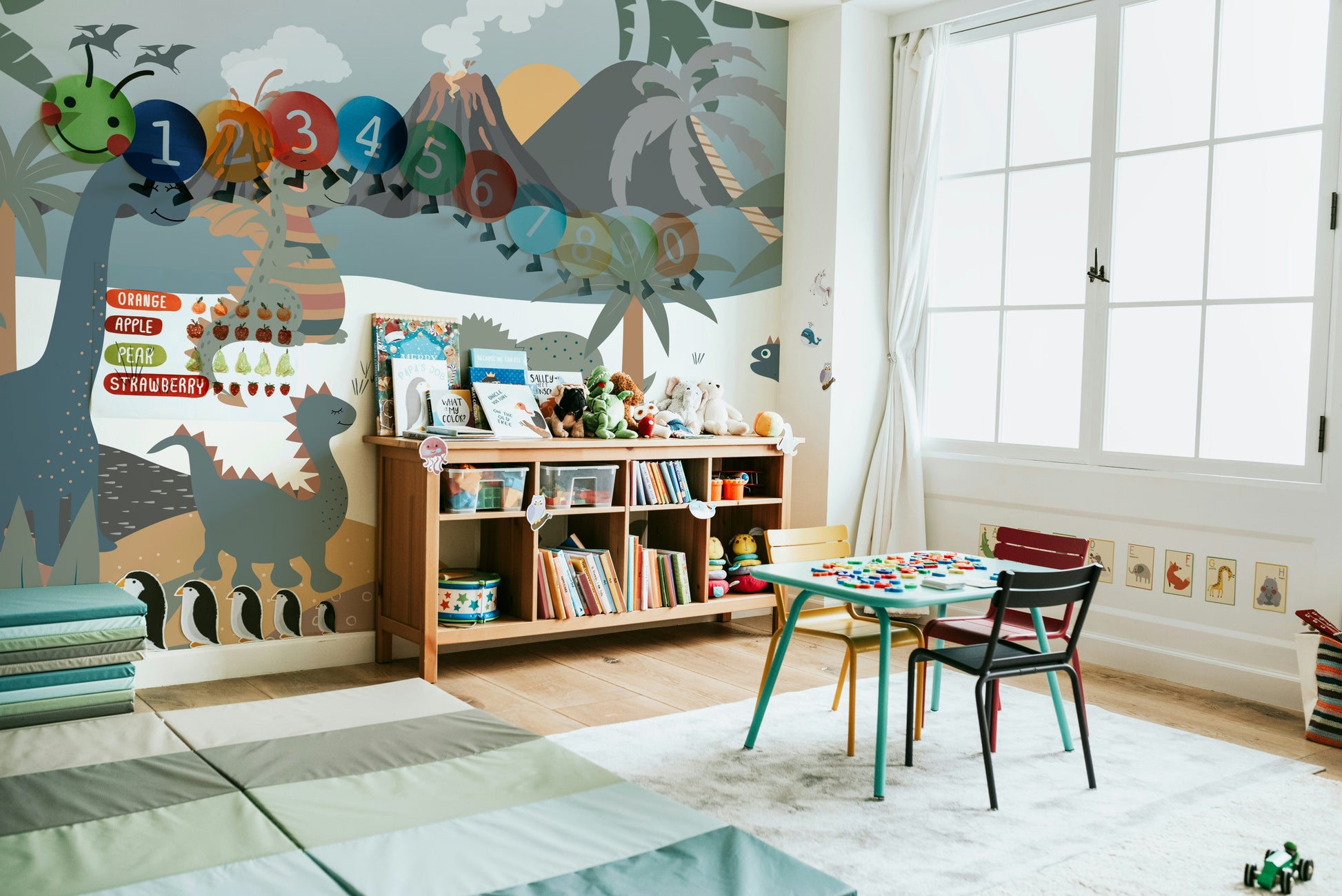 A small volcano is in the distance, smoking gently.

