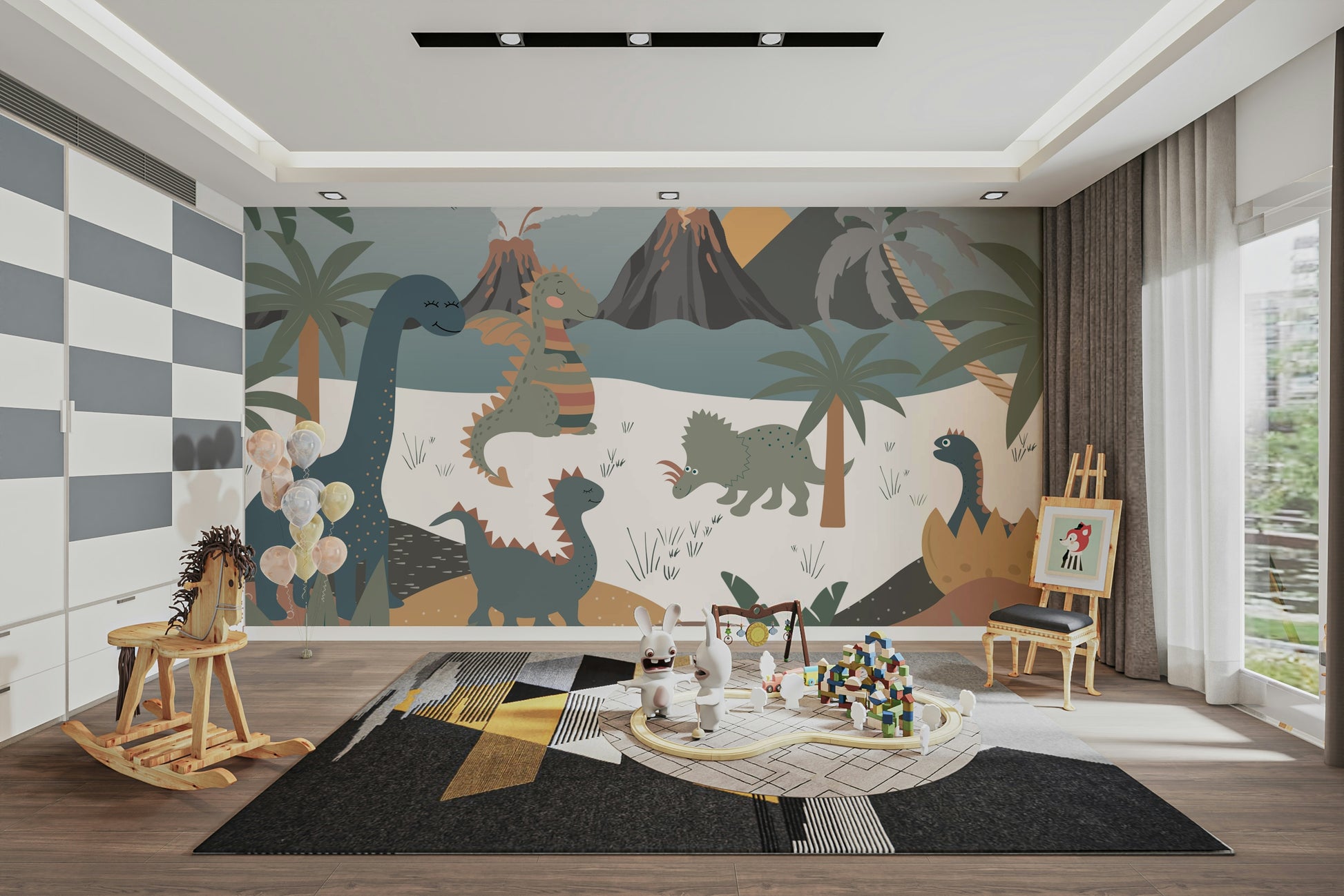 A large, gentle Brontosaurus is eating leaves from a tree.

