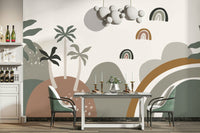 A simple wall mural with a stylized rainbow design.

