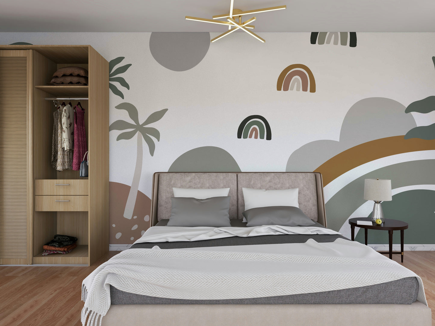 The colors are neutral, like beige, light gray, and cream.

