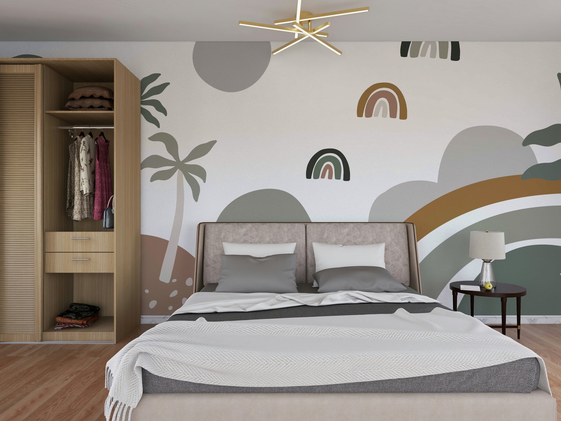 The colors are neutral, like beige, light gray, and cream.

