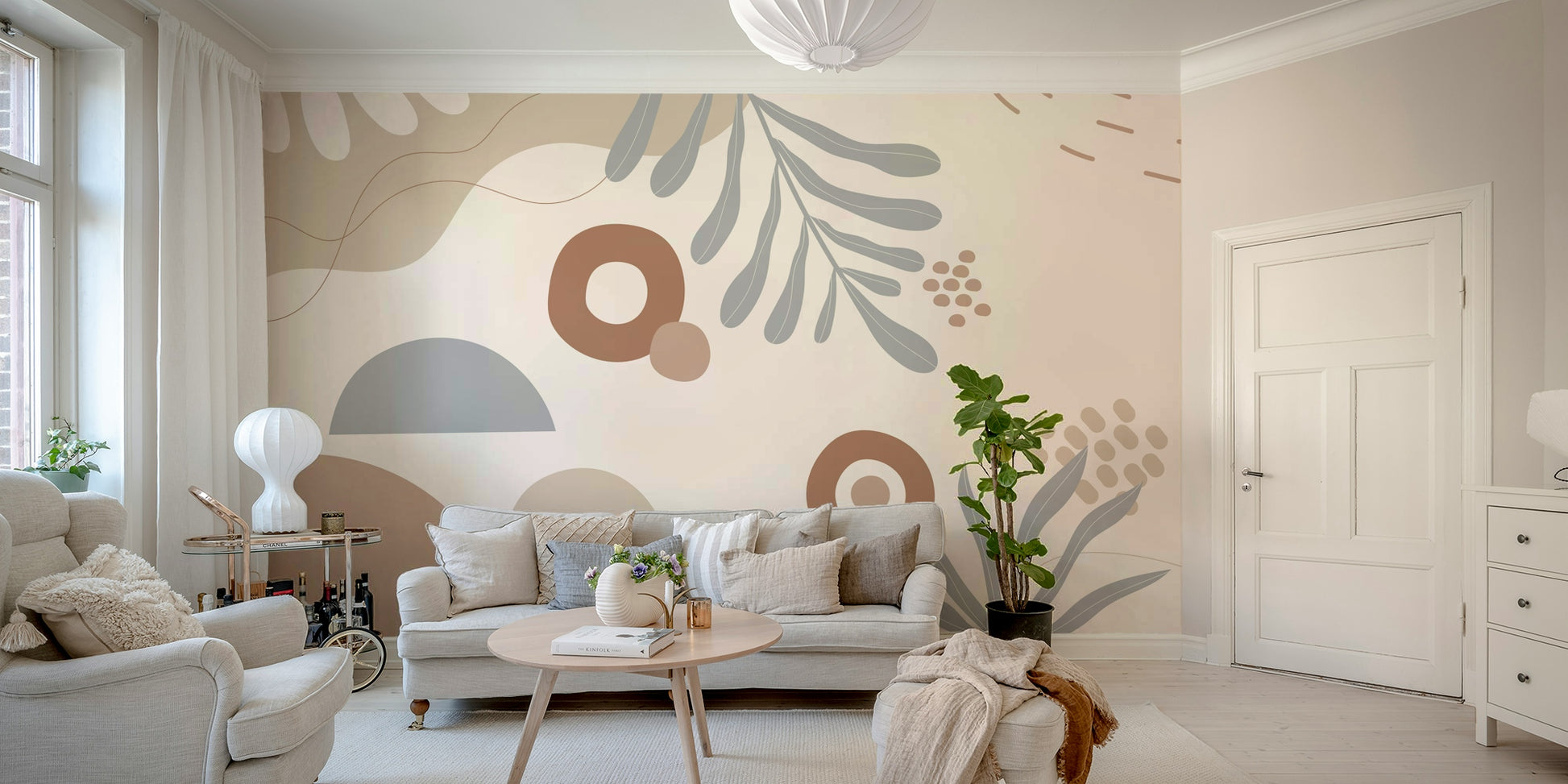 The colors are soft and neutral, like beige, light gray, and cream.

