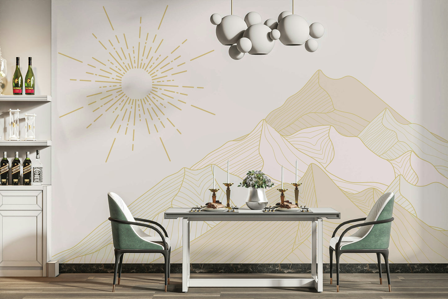 The sky is filled with soft, golden, and pink light.

