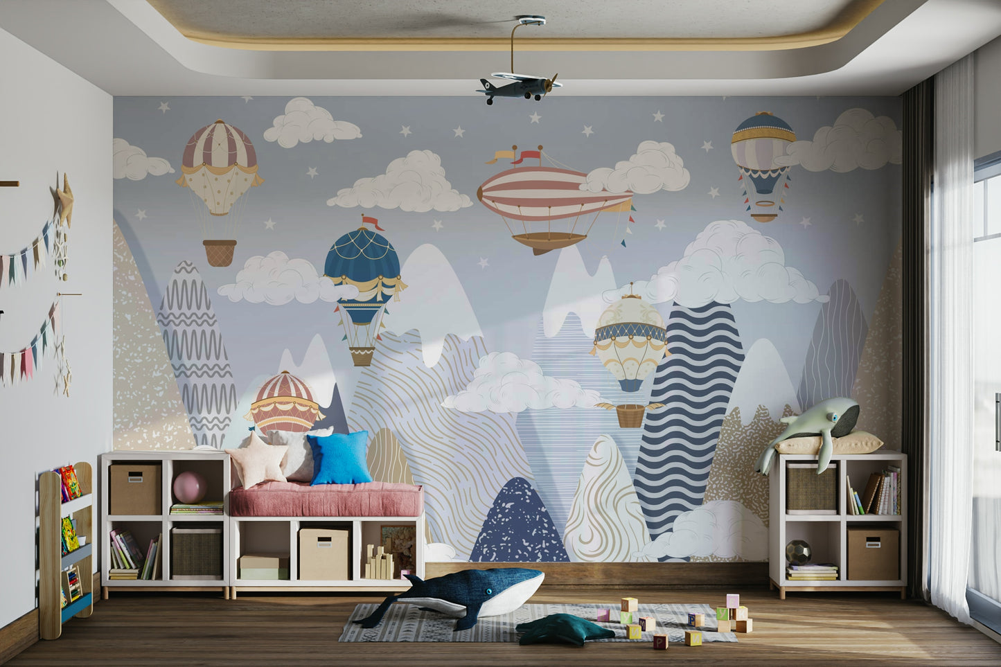 The sky is a soft, gentle light blue with fluffy clouds.

