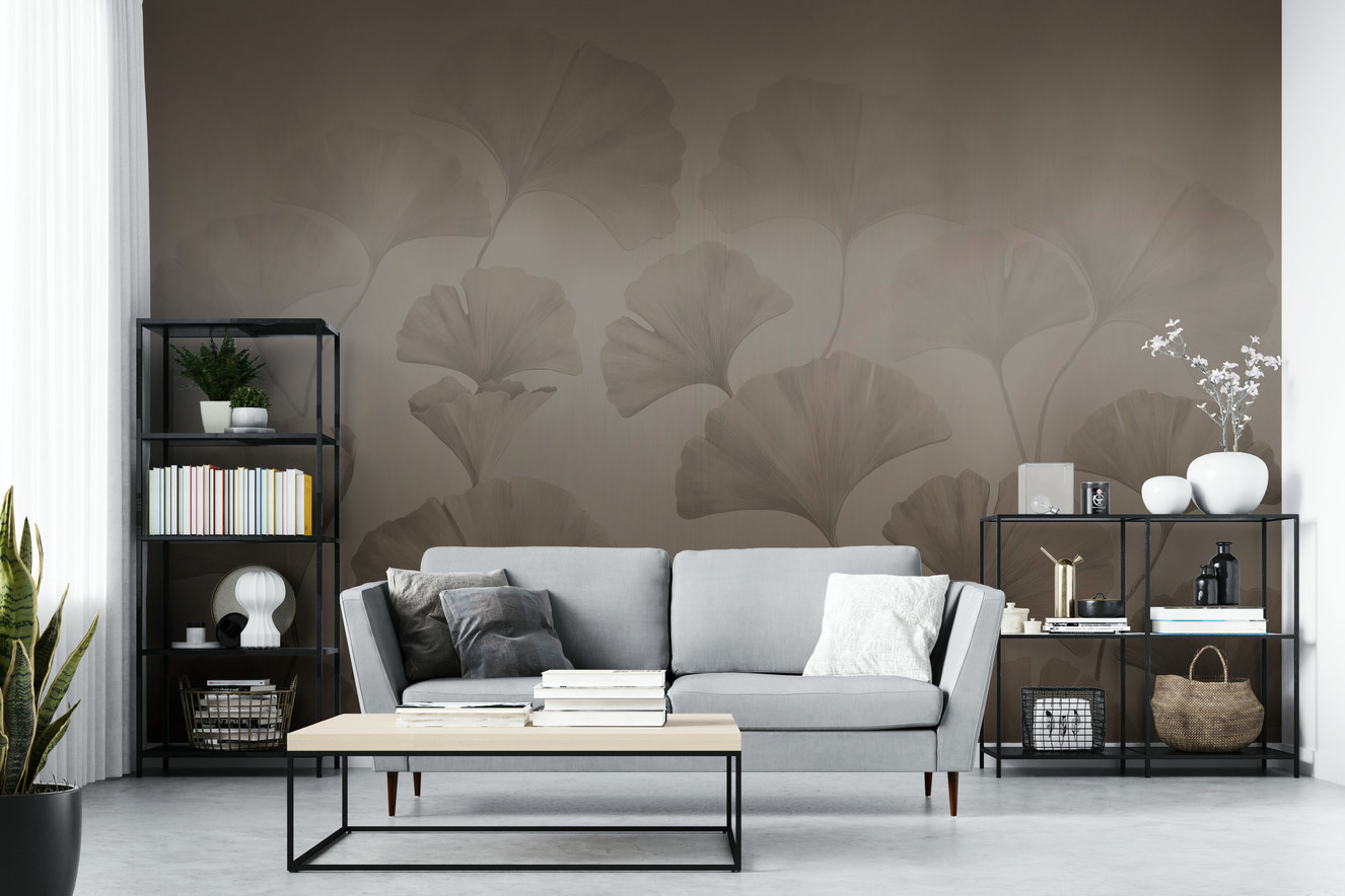A minimalist wall mural with a pattern of ginkgo leaves.

