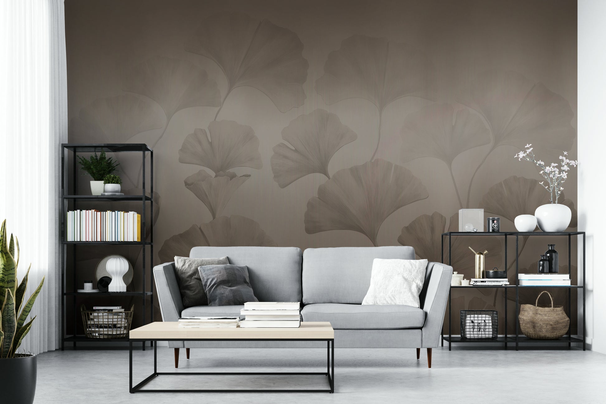 A minimalist wall mural with a pattern of ginkgo leaves.

