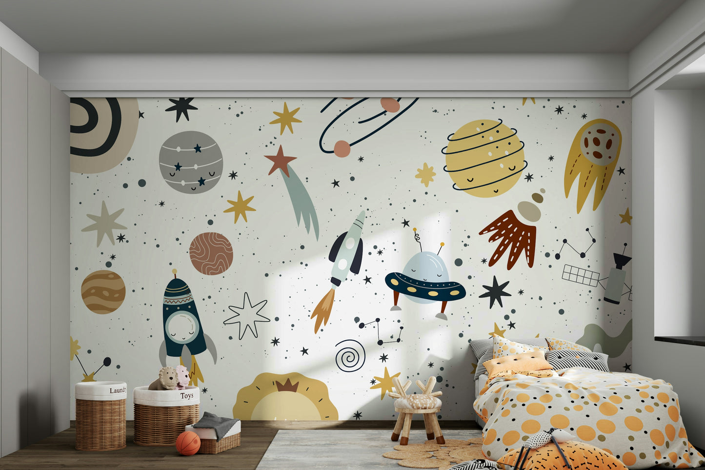 A large planet with a ring is visible.

