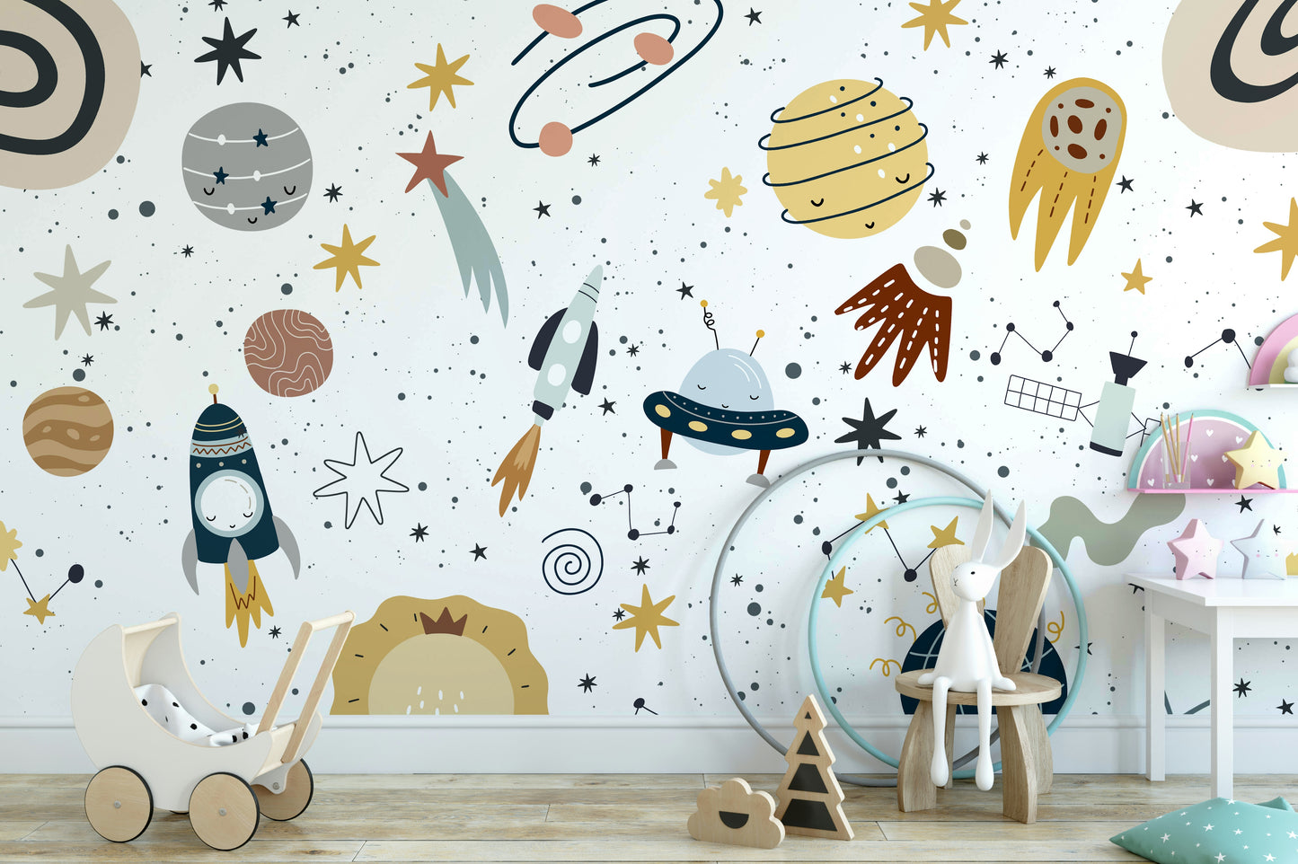 A few comets with sparkling trails are present.

