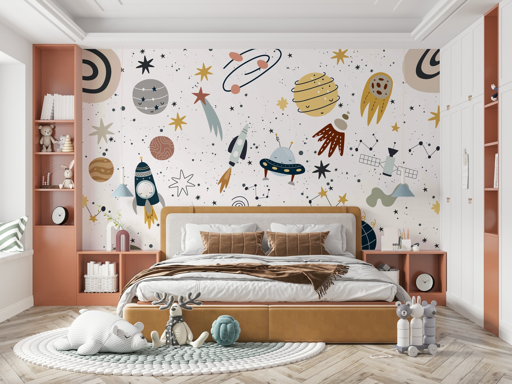 A small rocket ship is flying through the scene.

