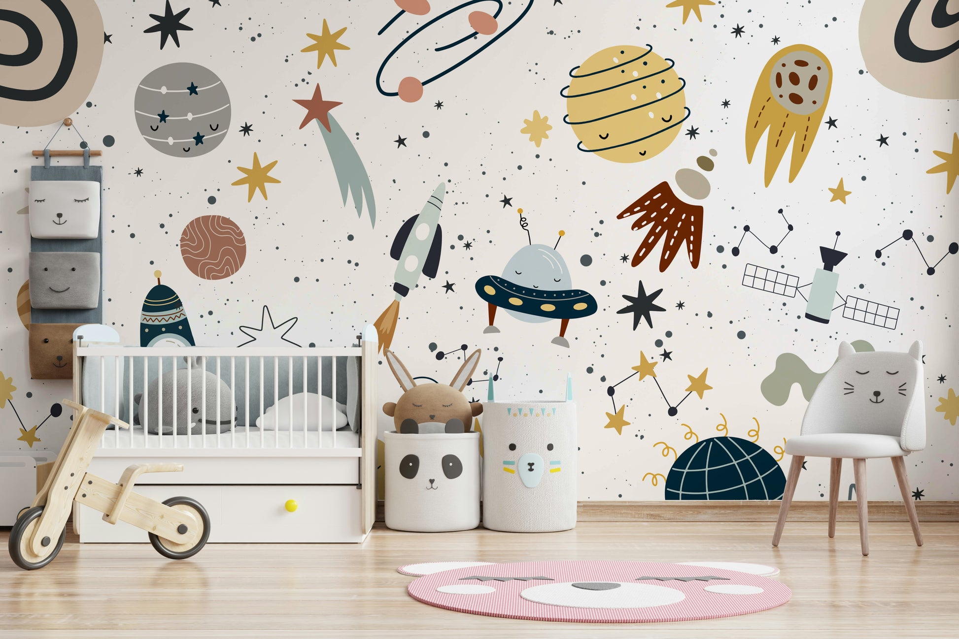 Smaller planets of different colors float in space.

