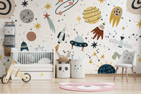 Smaller planets of different colors float in space.

