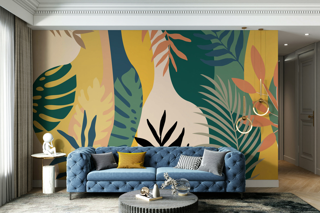 A peaceful wall mural with a natural, abstract leaf design.

