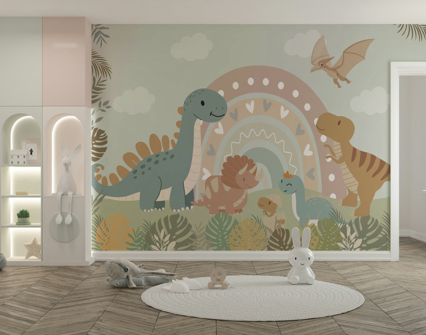 The design features graceful dinosaurs among rainbows and clouds.

