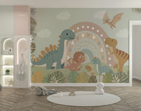 The design features graceful dinosaurs among rainbows and clouds.

