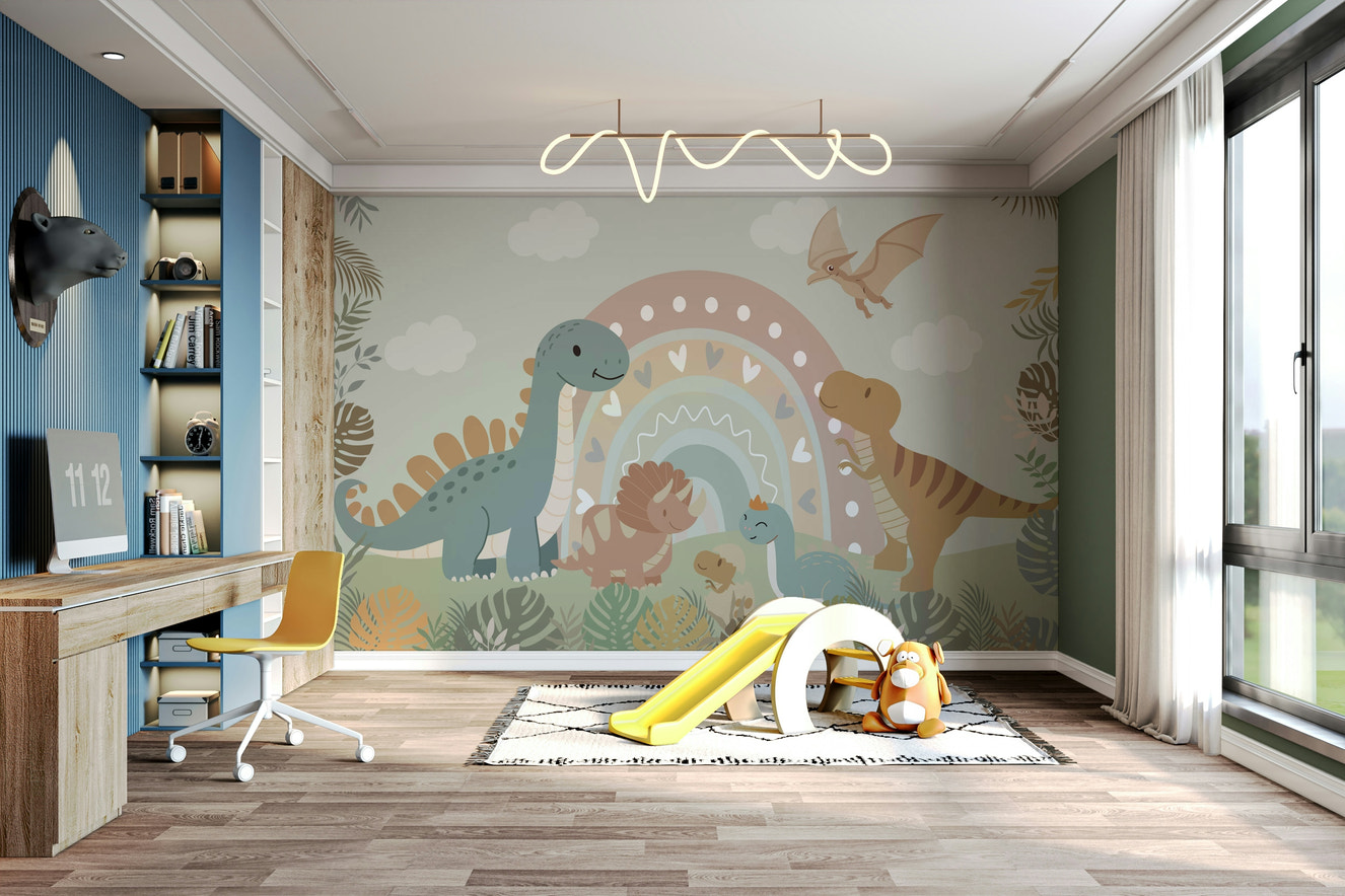 A peaceful wall mural with a playful dinosaur design.

