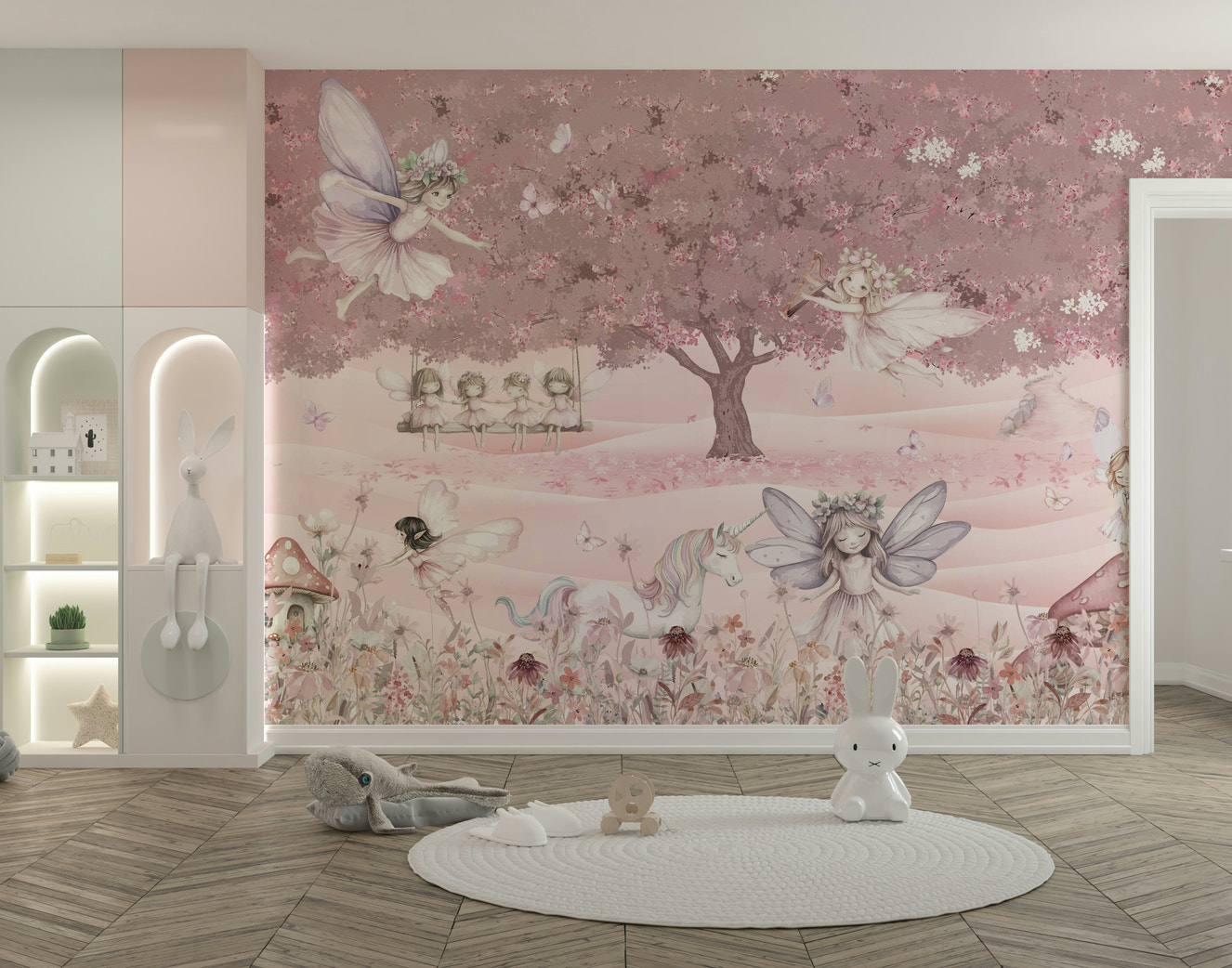 A peaceful wall mural with a whimsical, magical forest design.

