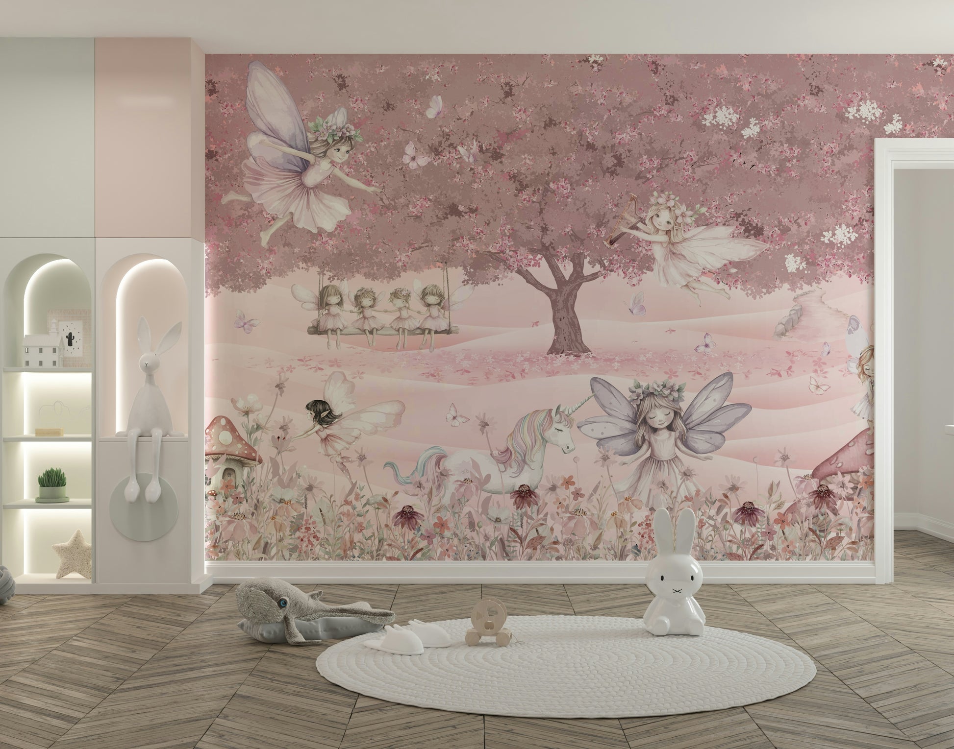 A peaceful wall mural with a whimsical, magical forest design.

