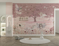 A peaceful wall mural with a whimsical, magical forest design.


