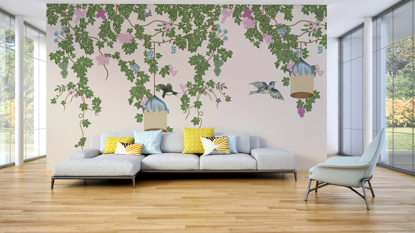 A peaceful wall mural with a whimsical, enchanted design.

