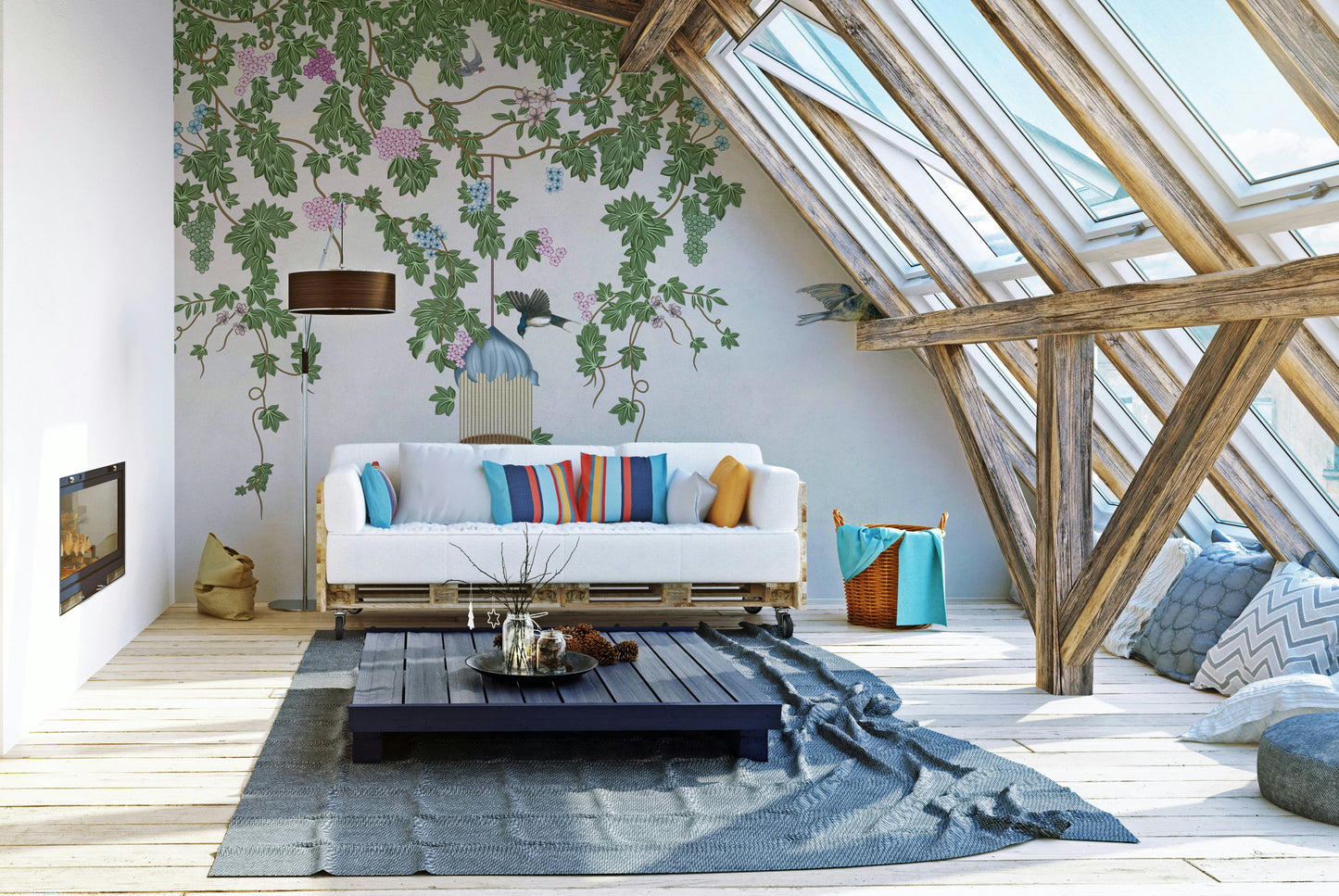 The design features a vintage birdcage, possibly open or with flowers.

