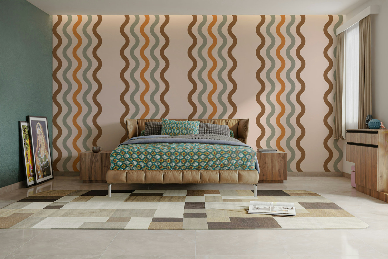 A peaceful wall mural with a soft, flowing retro pattern.


