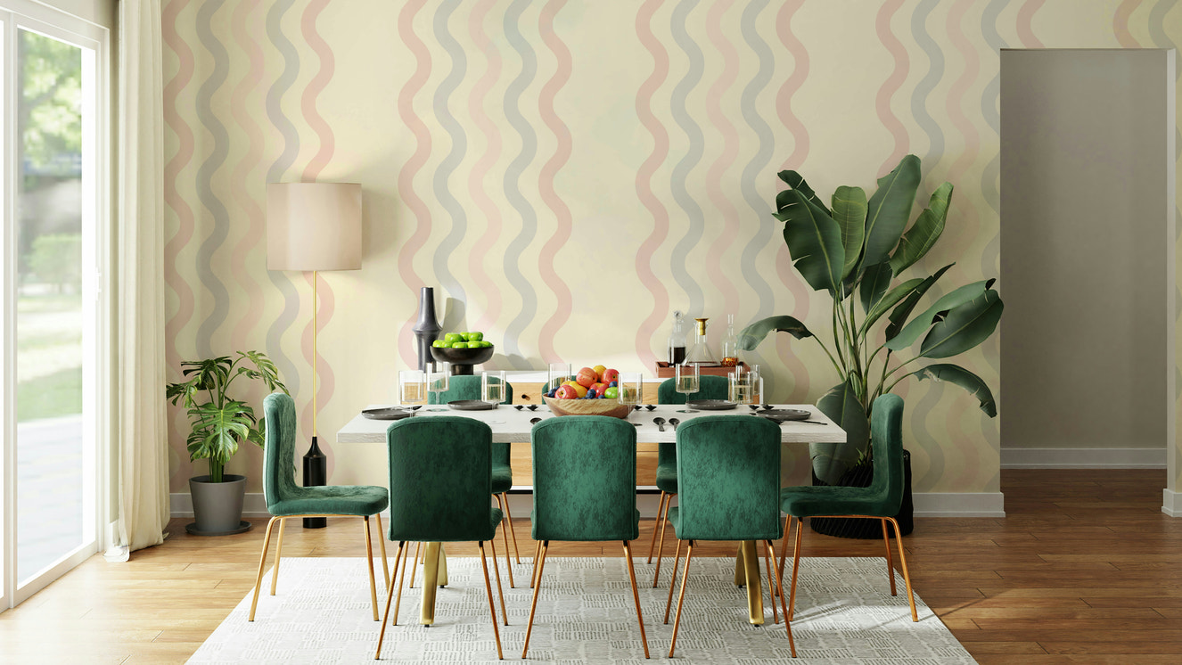 A peaceful wall mural with a soft, flowing pattern.

