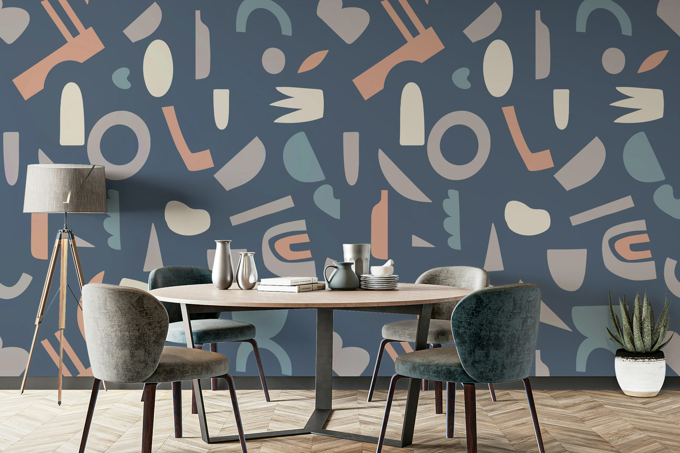 A peaceful wall mural with a modern geometric design.

