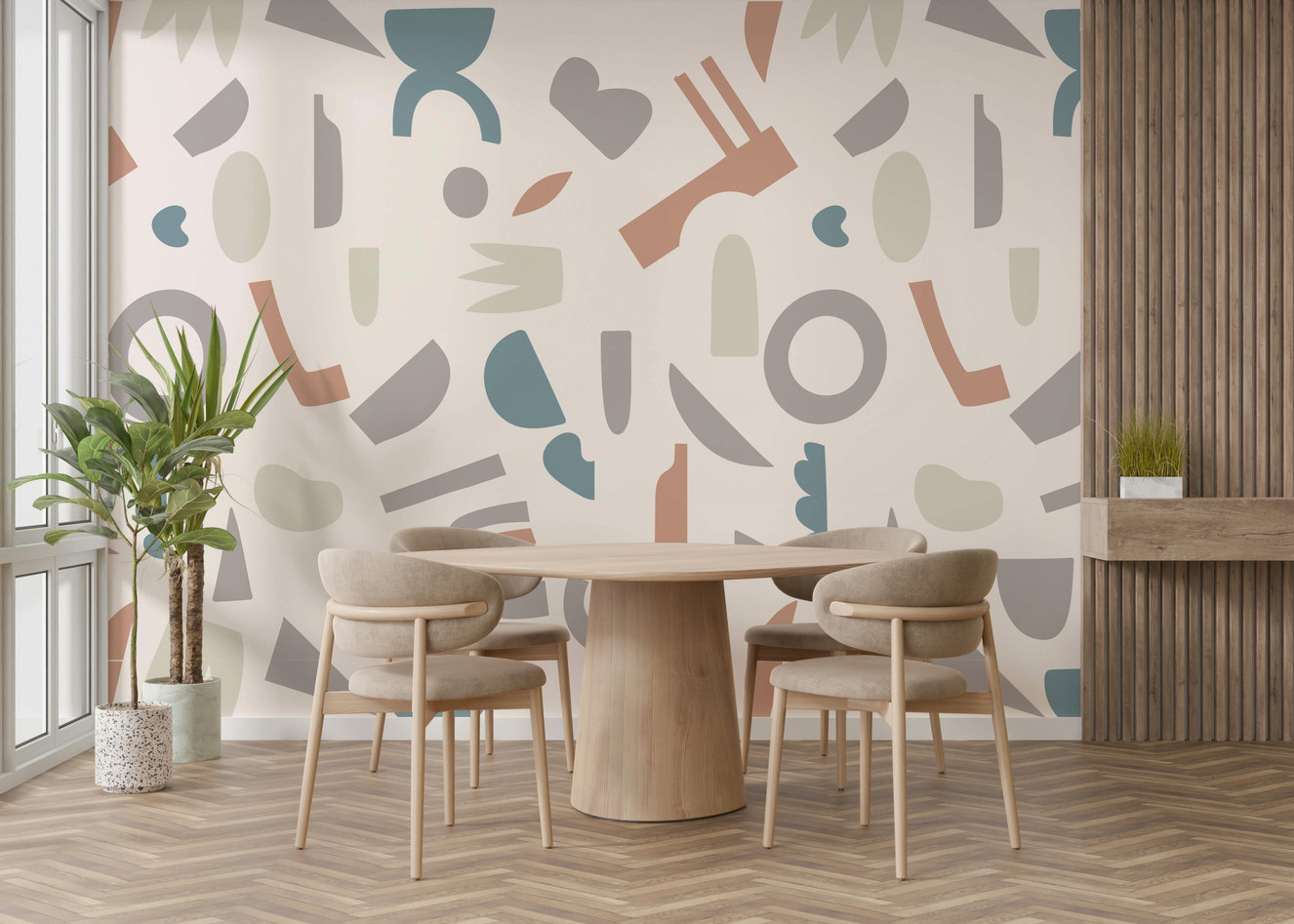A peaceful wall mural with a modern geometric design.


