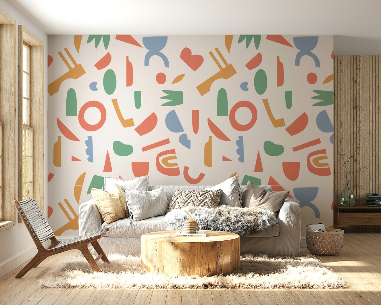 A peaceful wall mural with a modern abstract design.

