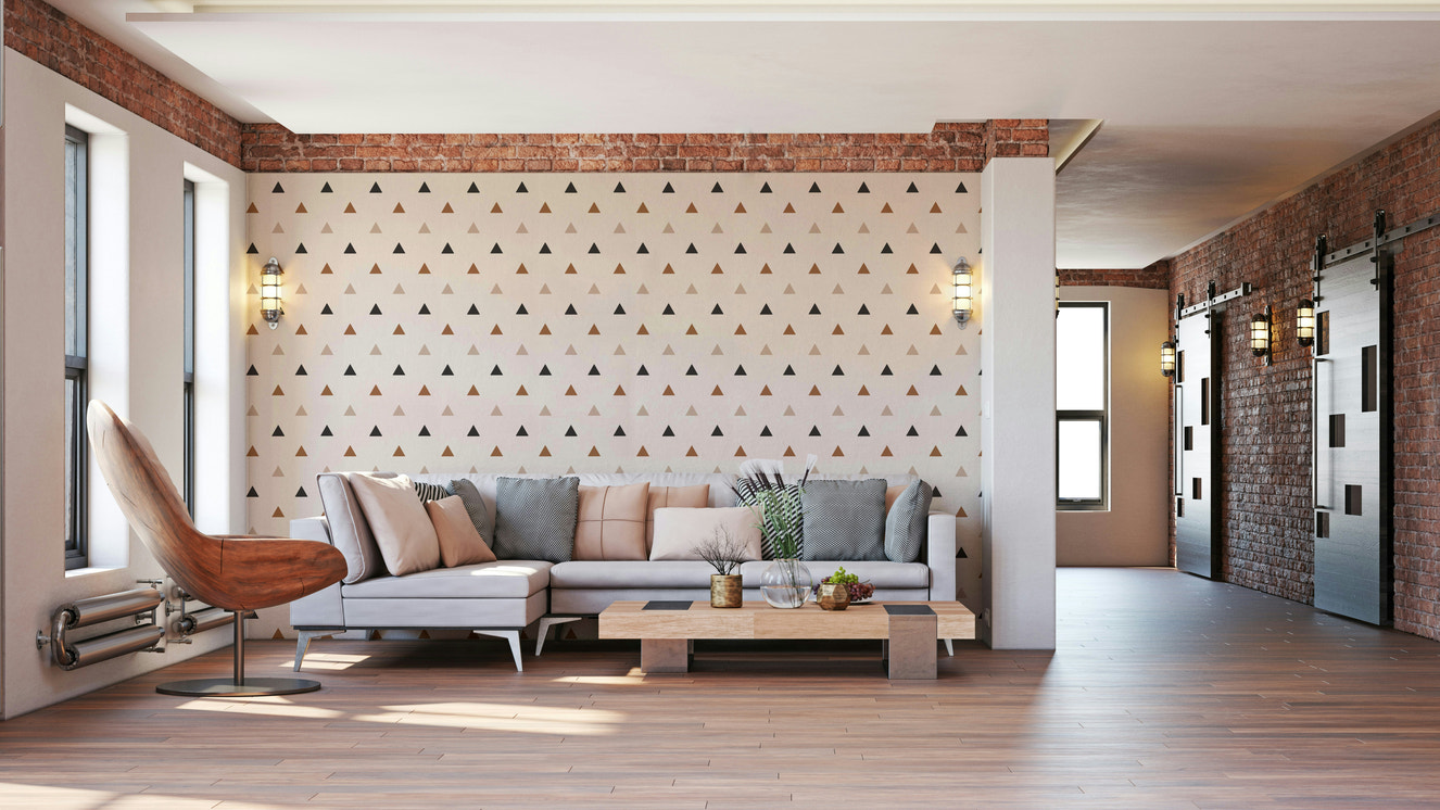 A peaceful wall mural with a modern geometric design.

