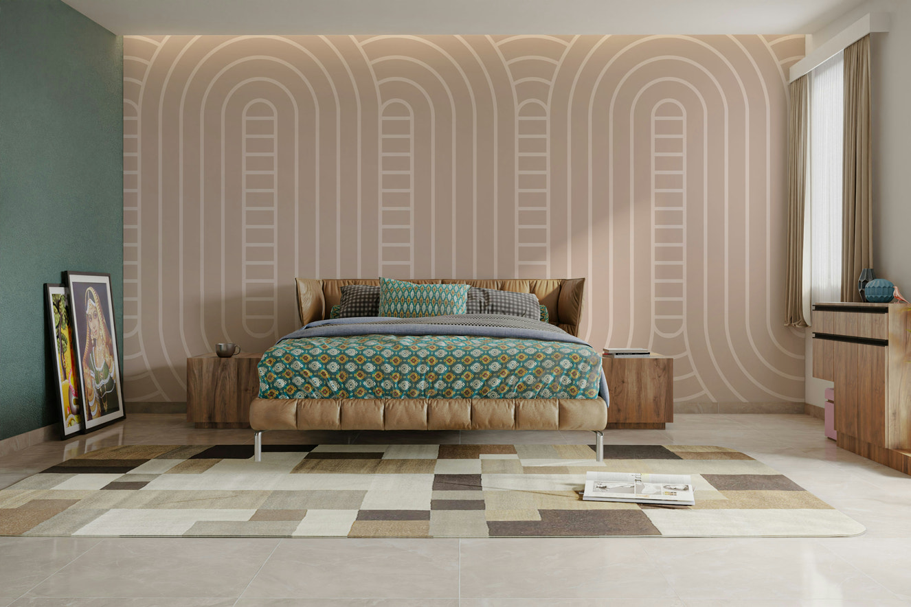 A peaceful wall mural with a modern, flowing pattern.

