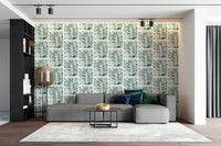 A peaceful wall mural with a modern botanical design.

