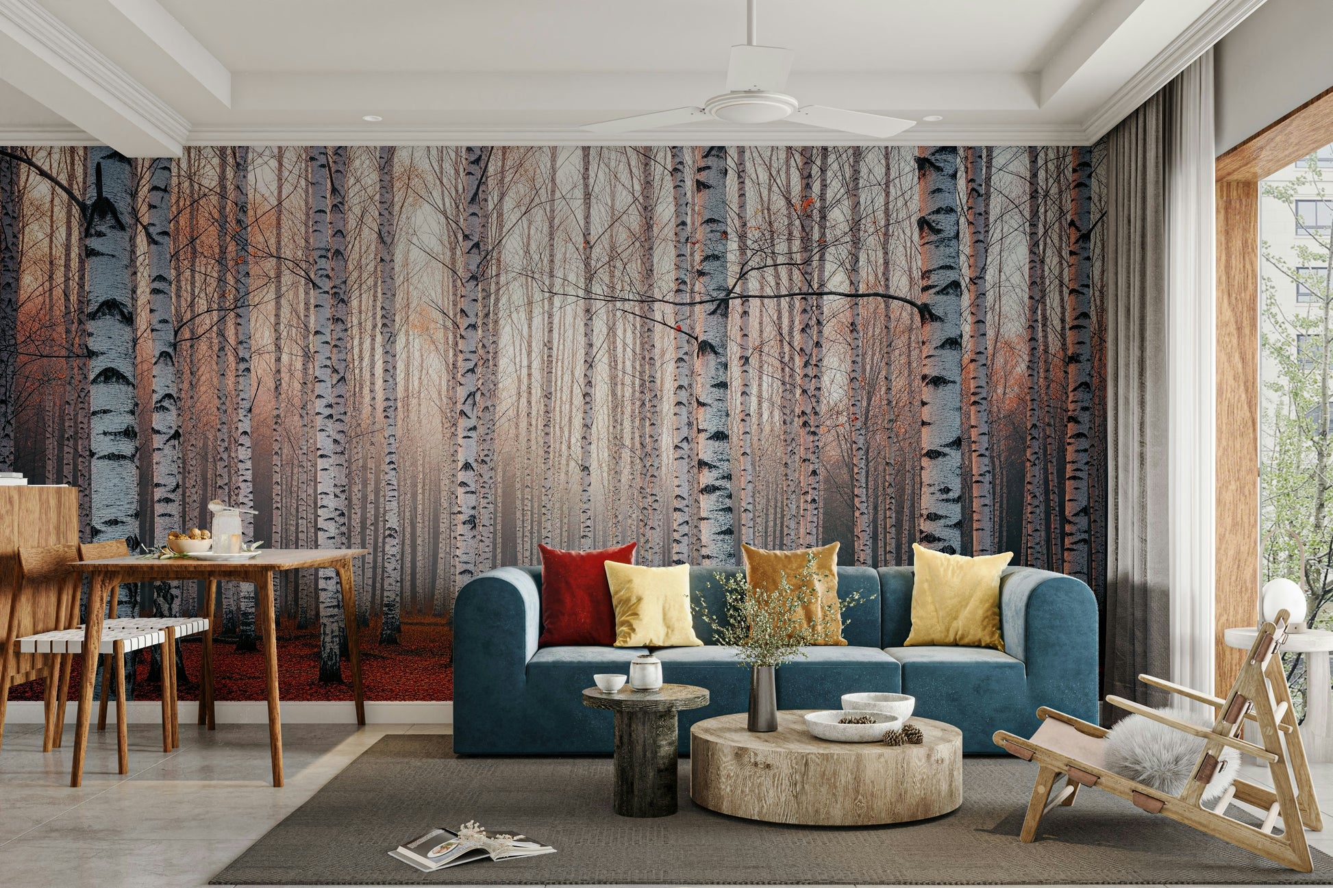 A peaceful wall mural with a charming autumn forest scene.

