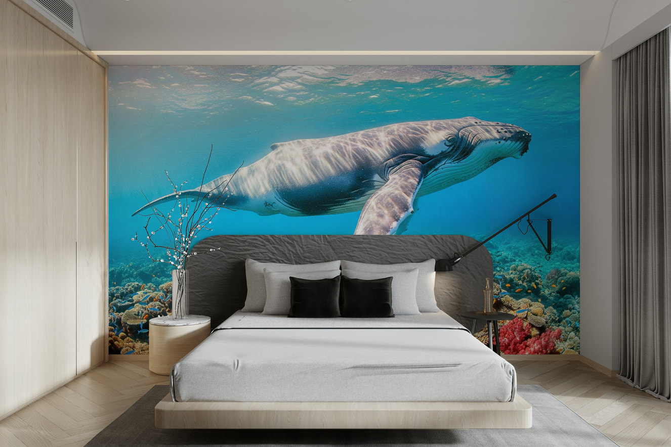 A peaceful wall mural with a majestic underwater scene.

