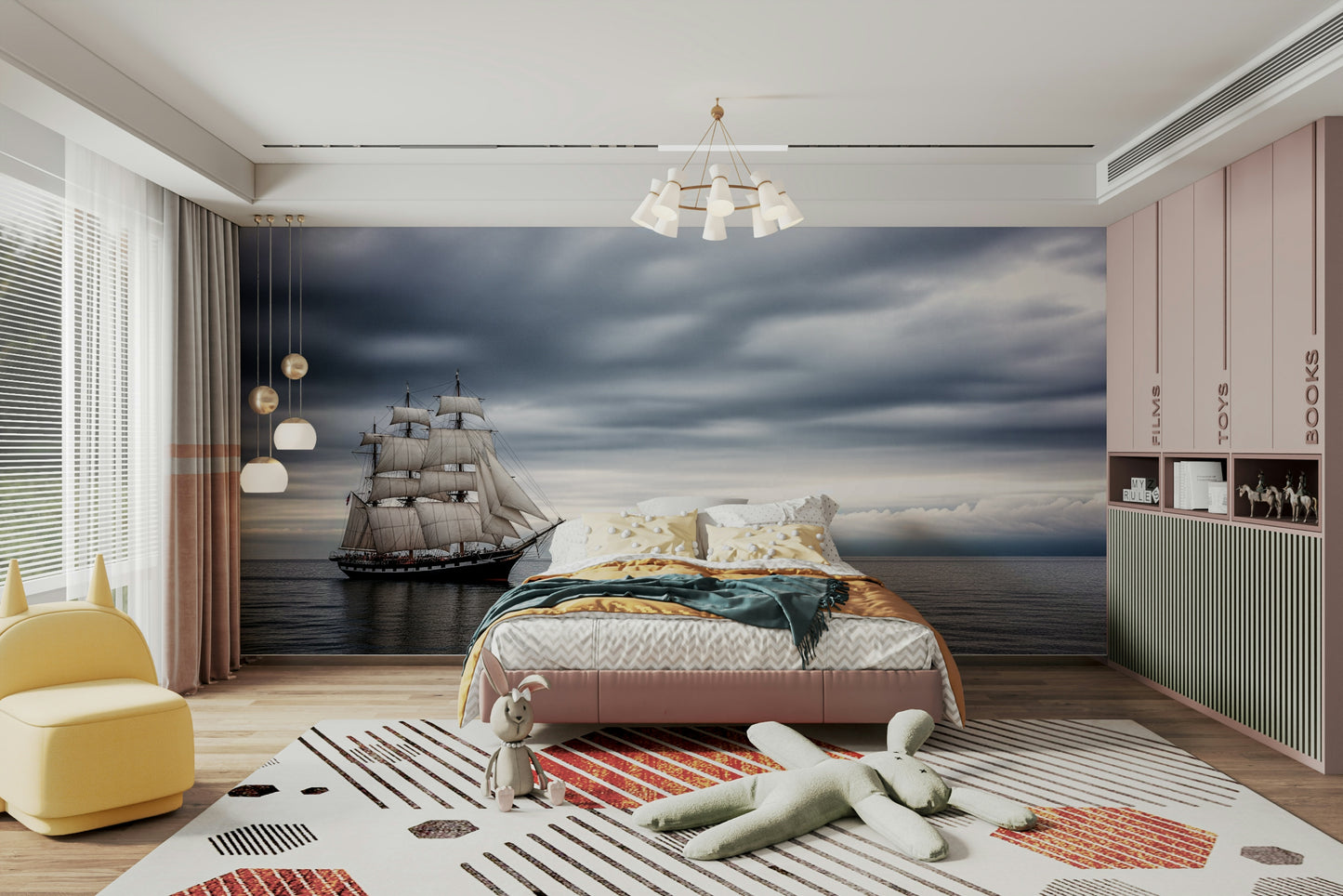 A peaceful wall mural with an adventurous nautical scene.

