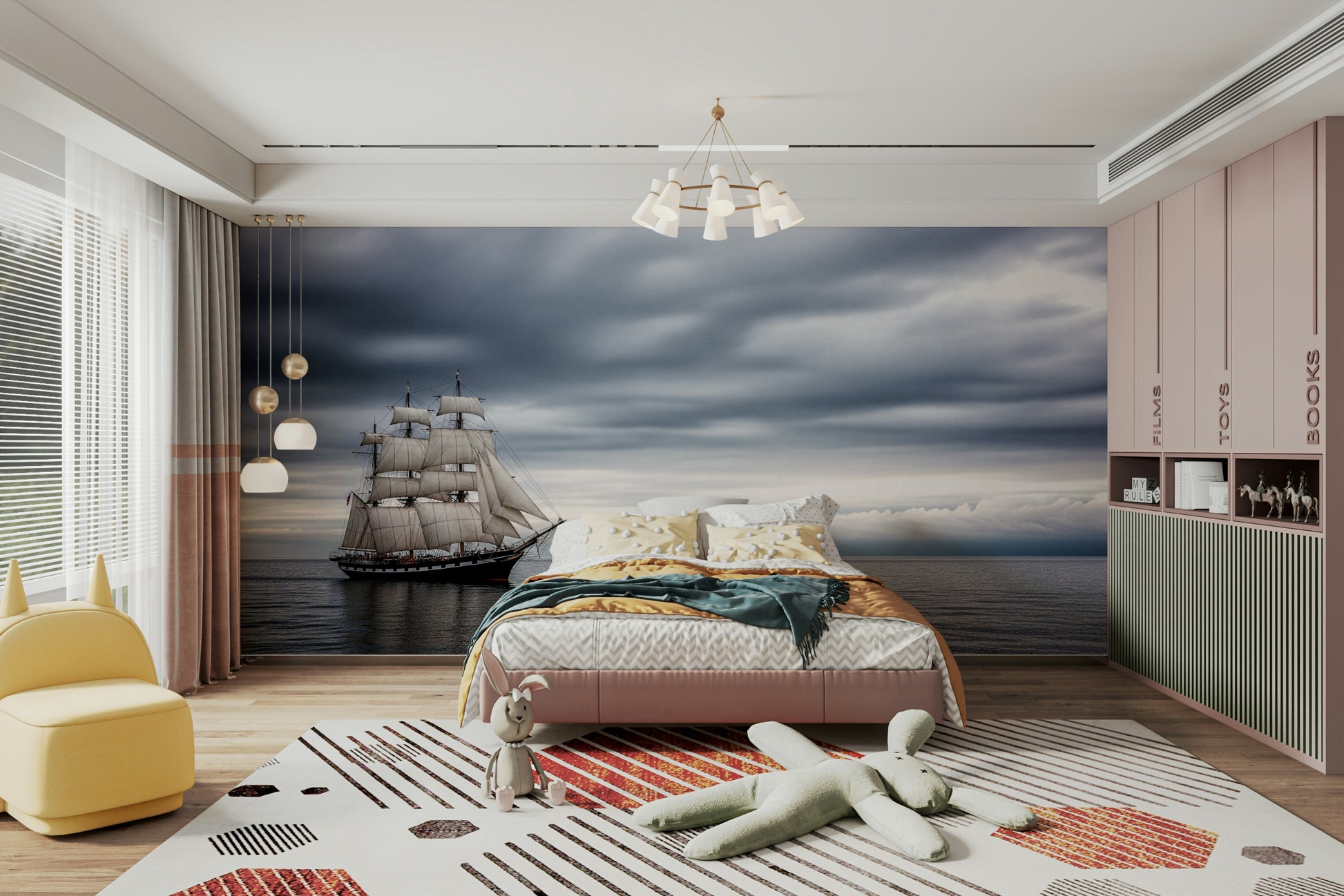 A peaceful wall mural with an adventurous nautical scene.

