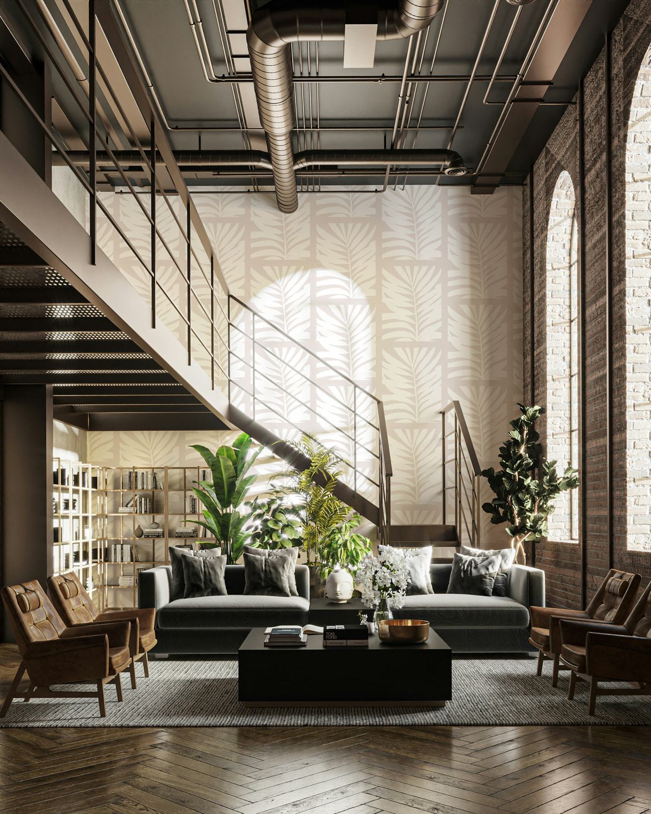 A peaceful wall mural with a soft tropical scene.

