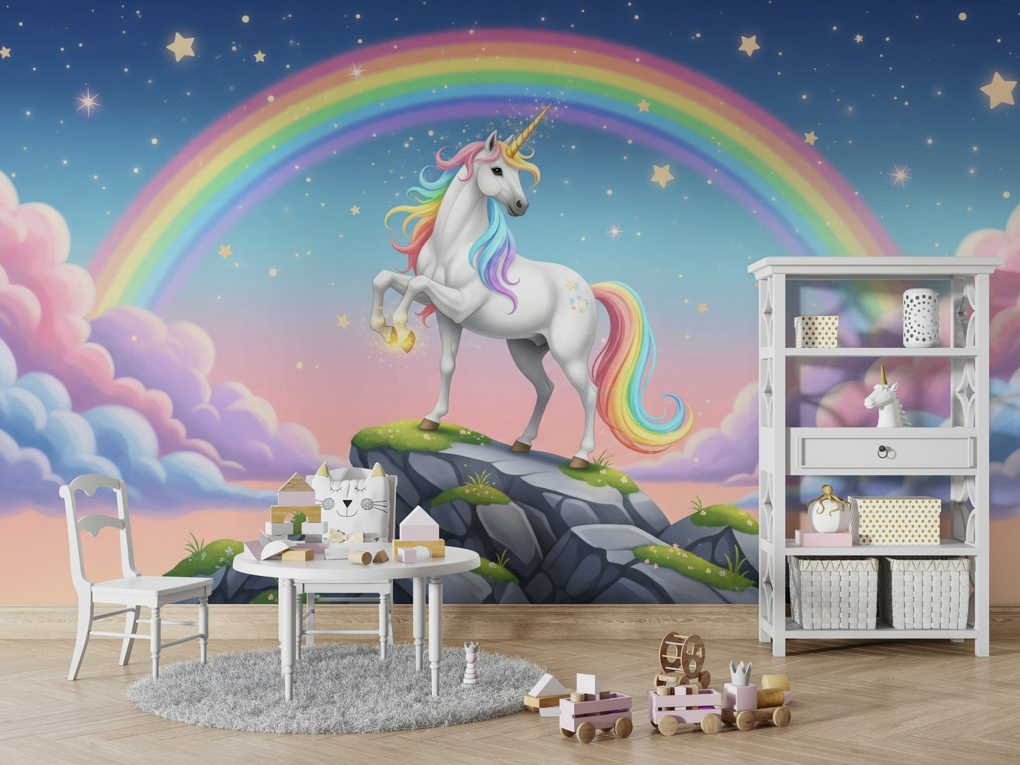 A peaceful wall mural with a whimsical unicorn scene.

