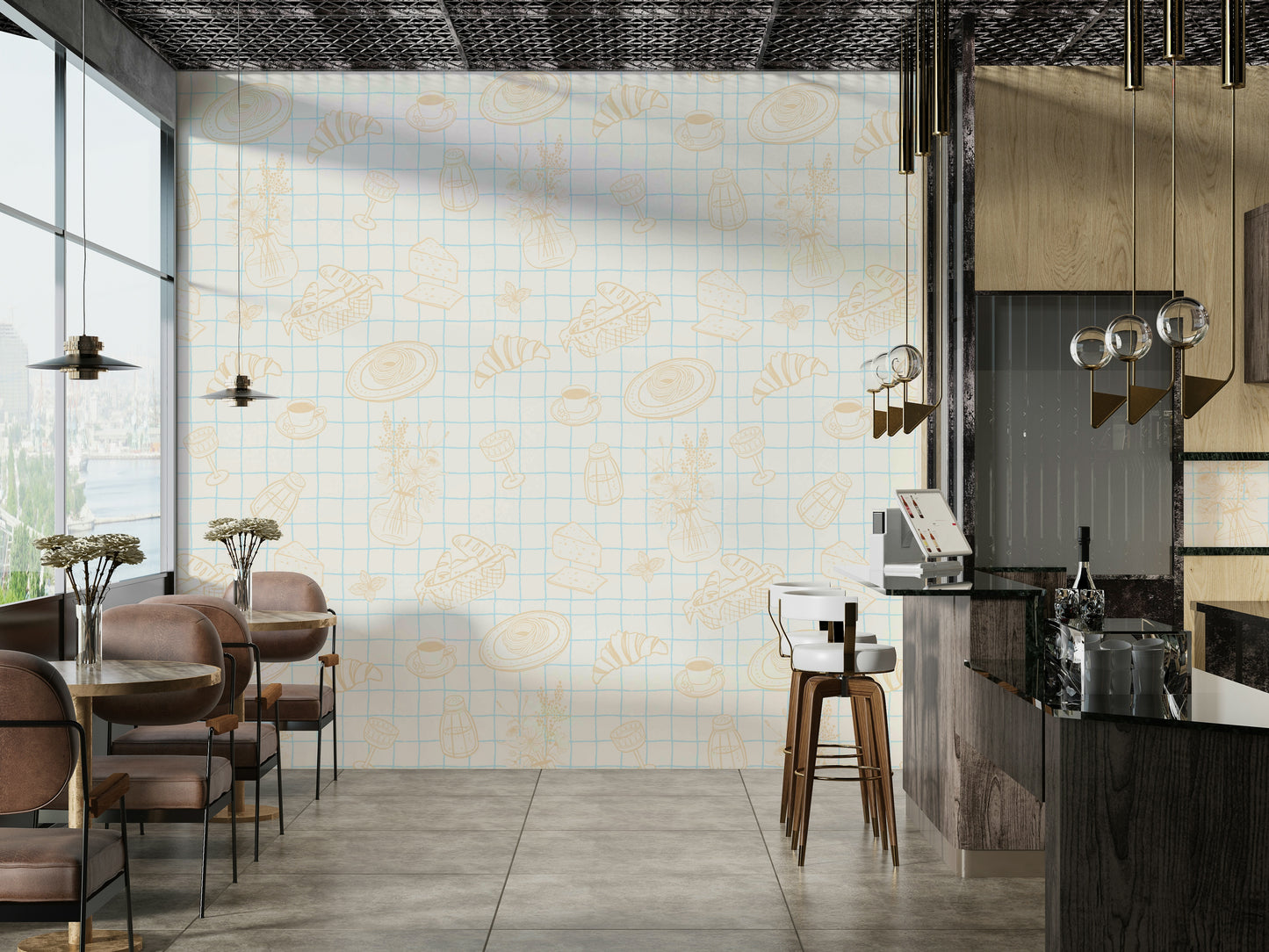 The design features a repeating pattern of hand-drawn food sketches.