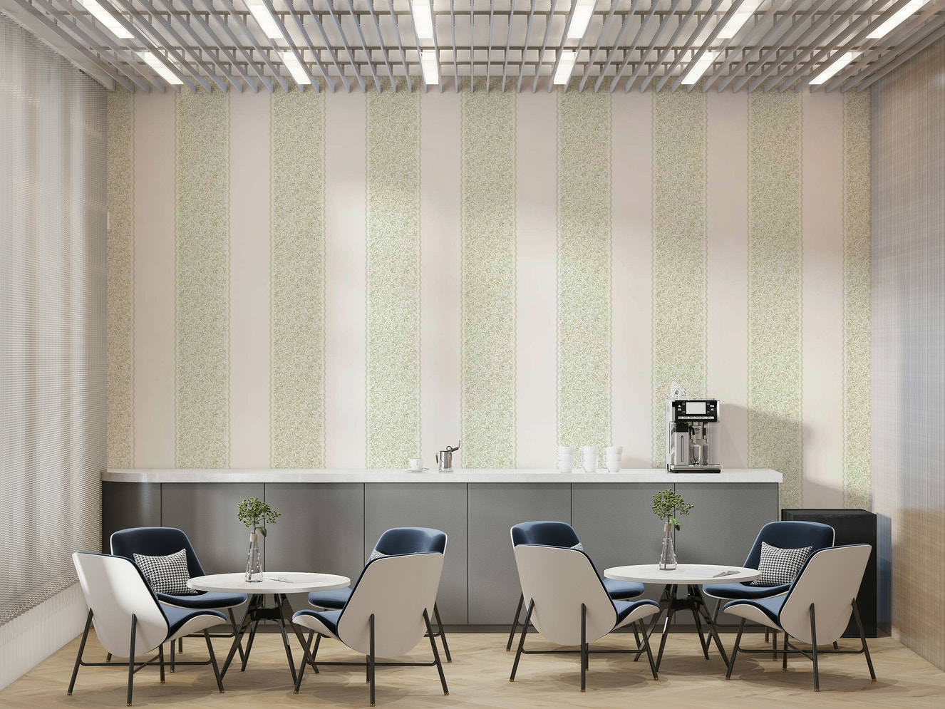 A detailed close-up of a classic wall mural pattern.

