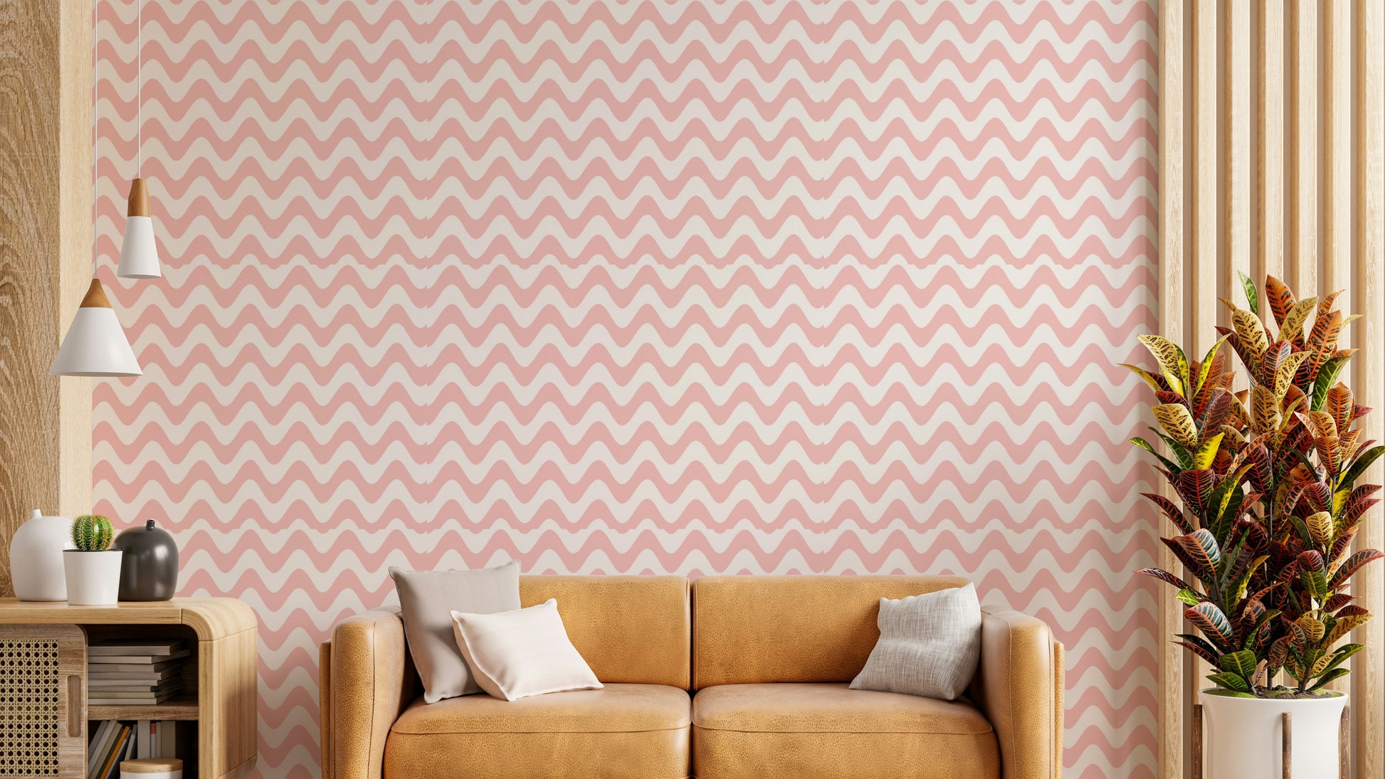 Mural wallpaper of a rose quartz waves design

