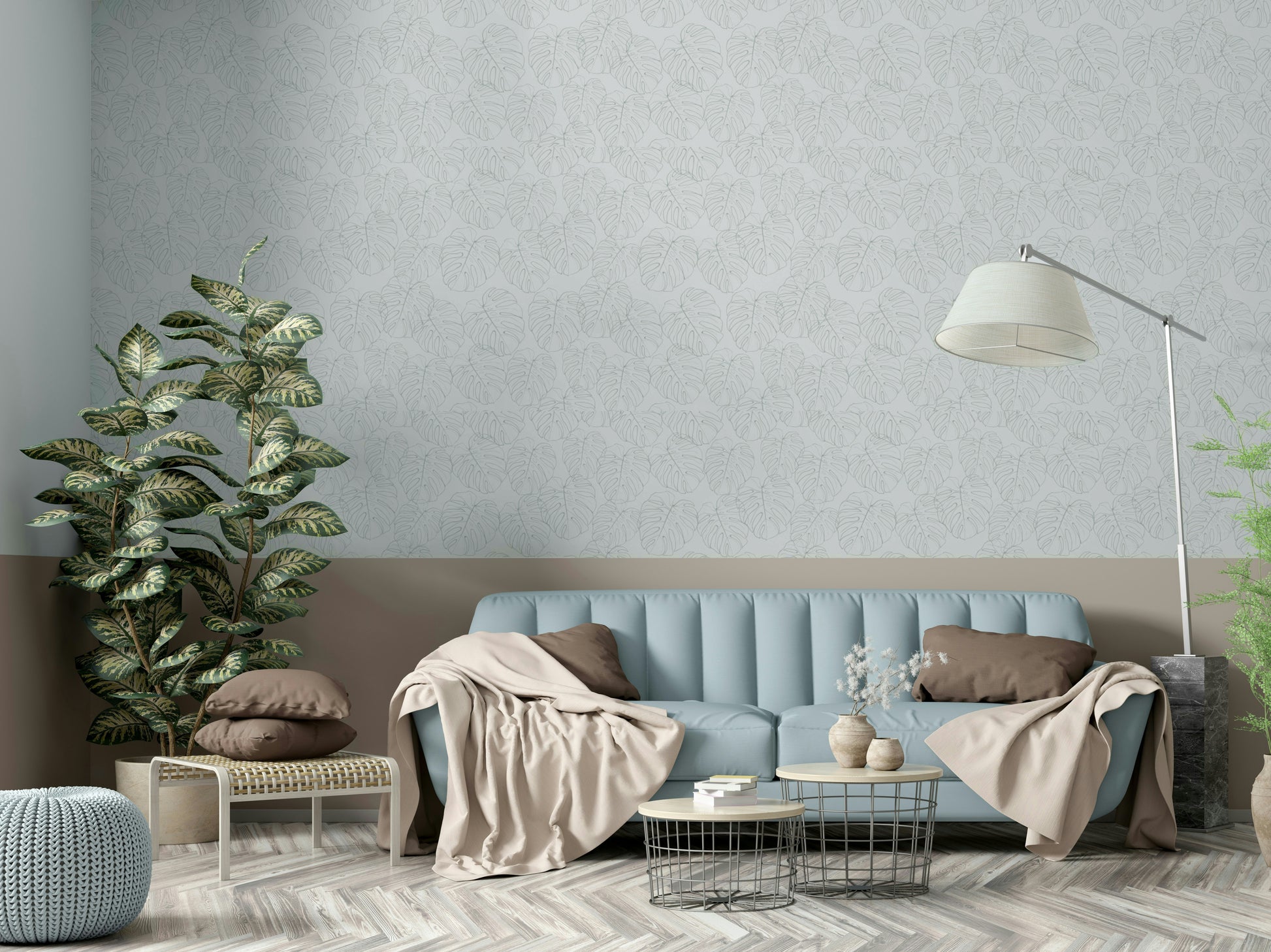 Mural wallpaper of a tropical leaf whispers design

